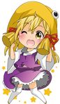  berry_jou blonde_hair chibi hair_ribbon hat moriya_suwako one_eye_closed open_mouth ribbon shirt skirt skirt_set smile solo star thighhighs touhou vest white_legwear wide_sleeves yellow_eyes zettai_ryouiki 