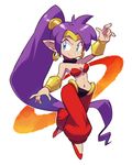  arabian_clothes bandeau blue_eyes breasts dark_skin earrings harem_pants hoop_earrings jewelry long_hair medium_breasts midriff navel nemurism pants pointy_ears ponytail purple_hair shantae:_half-genie_hero shantae_(character) shantae_(series) smile solo very_long_hair 