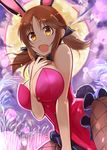  animal_ears bare_shoulders between_breasts bow bowtie breasts brown_eyes brown_hair bunny_ears bunny_tail buttons fishnet_pantyhose fishnets full_moon idolmaster idolmaster_cinderella_girls large_breasts looking_at_viewer moon nerotarou@seven open_mouth pantyhose solo tail totoki_airi twintails wheat 