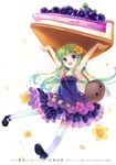  :d armpits arms_up blueberry cover_image fairy fairy_wings flower food fruit full_body green_hair hair_flower hair_ornament lai_geming_ba!_fupenzi long_hair looking_at_viewer mary_janes open_mouth oversized_food oversized_object pie purple_eyes shinia shoes simple_background smile solo thighhighs very_long_hair white_background wings 