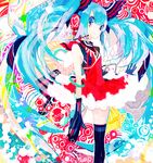  aqua_hair asymmetrical_clothes blue_eyes colorful dress facial_mark fur_trim gloves hair_between_eyes hatsune_miku headphones highres kazuka long_hair looking_at_viewer short_dress smile solo standing thighhighs twintails very_long_hair vocaloid zettai_ryouiki 