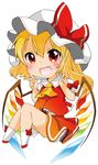  berry_jou blonde_hair blush bow chibi double_v fang flandre_scarlet hat hat_bow looking_at_viewer mob_cap open_mouth red_eyes shirt side_ponytail simple_background skirt skirt_set smile solo touhou v vest white_background wings 