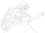  absurdres bow breasts cleavage dress elbow_gloves fan folding_fan gloves greyscale hair_bow hat hat_ribbon highres large_breasts lineart lips long_hair monochrome ribbon slender_waist solo touhou very_long_hair yagami_(mukage) yakumo_yukari 