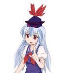 blue_hair bow frown hat index_finger_raised kamishirasawa_keine long_hair looking_at_viewer open_mouth red_eyes ribbon sai_(bankoru) short_sleeves simple_background solo touhou upper_body white_background 
