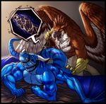  abs all_fours anal anal_penetration anthro anus avian beak bed biceps big_muscles blue_dragon blue_scales blue_skin body_markings brown_body brown_eyes chest_tuft claws clenched_teeth close-up cum cum_in_ass cum_inside doggystyle dragon duo erection eyes_closed fangs feathers from_behind fur gay gripping gryphon holding horn internal interspecies leash looking_back lying male markings muscles neodokuro nude on_front open_mouth orgasm pecs penetration penis reptile scales scalie sex standing stripes tabra talons teeth toned tongue tuft western_dragon white_body wings 