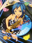  blue_eyes blue_hair checkered checkered_dress chiba_otoha dress ilog instrument musical_note pairan phonograph ponytail saxophone solo 