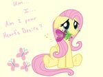 blue_eyes cute cutie_mark dialog english_text equine female feral flower fluttershy_(mlp) friendship_is_magic fur hair horse long_hair looking_at_viewer mammal my_little_pony pegasus pink_hair plain_background pony sitting smile solo text tidalmewmew wings yellow_fur 