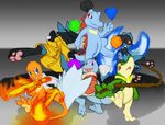  3_toes ambiguous_gender aura back_turned ben_the_dragon blue_eyes charmander clothing fire gem gradient_background group hindpaw jumping lucario nintendo pawpads paws plain_background pok&#233;mon pok&eacute;mon purple_eyes red_eyes reptile riolu scalie simple_background snivy soles squirtle totodile turtle video_games 