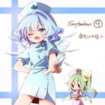  alternate_costume bad_id bad_pixiv_id blue_eyes blue_hair blush bow box cirno daiyousei fairy_wings fang green_hair hair_bow hat ice ice_wings kuromame_(8gou) looking_at_viewer multiple_girls nurse nurse_cap one_eye_closed open_mouth puffy_sleeves short_sleeves side_ponytail smile syringe touhou wings |_| 
