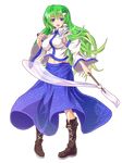  blue_eyes blush boots breasts detached_sleeves frog_hair_ornament full_body gohei green_hair hair_ornament hair_tubes highres kochiya_sanae large_breasts long_hair open_mouth skirt smile snake_hair_ornament solo touhou transparent_background zephid 