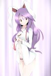  animal_ears blush bra bunny_ears bunny_tail bwell dress_shirt head_tilt highres looking_at_viewer navel necktie no_pants open_clothes open_shirt panties purple_hair red_eyes red_neckwear reisen_udongein_inaba shirt solo tail touhou underwear undone_necktie undressing 