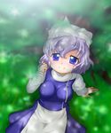  apron blue_eyes blush breasts grass hat lavender_hair letty_whiterock long_sleeves medium_breasts scarf short_hair sitting skirt smile solo touhou touryuu_fuuki vest 