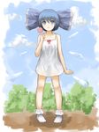  alternate_costume alternate_hairstyle bare_arms blue_eyes blue_hair blue_sky candy cirno cloud collarbone day dress food hair_ribbon highres ice ice_wings lollipop looking_at_viewer ribbon shone sky sleeveless sleeveless_dress solo touhou white_dress wings 