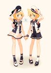  1girl blonde_hair brother_and_sister full_body hair_ornament hairclip hat holding_hands kagamine_len kagamine_rin mary_janes sailor sailor_hat shoes short_hair siblings skirt smile souno_kazuki twins vocaloid 