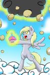  blonde_hair blue_eyes cloud cutie_mark derpy_hooves_(mlp) equine female feral food friendship_is_magic fur glowing grey_fur hair harthric horse long_hair magic mammal muffin my_little_pony open_mouth outside pegasus pony sky smile solo stars tongue wings yellow_eyes 