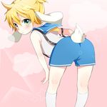  absurdres animal_ears ass ass_focus bad_id bad_pixiv_id blonde_hair blush bunny_ears bunny_tail bunnyboy from_behind green_eyes highres kagamine_len kneehighs kneepits male_focus solo tail vocaloid white_legwear 
