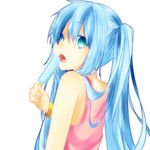  aqua_eyes aqua_hair bangle bracelet food hatsune_miku jewelry long_hair looking_at_viewer looking_back open_mouth popsicle solo upper_body vocaloid yuuani 