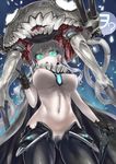  asanagi black_gloves blush breasts cameltoe cape covered_nipples gloves glowing glowing_eyes green_eyes highres kantai_collection large_breasts long_hair looking_at_viewer maebari midriff monster navel open_mouth pale_skin shinkaisei-kan silver_hair solo v wo-class_aircraft_carrier 