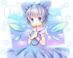  blue_dress blue_eyes blue_hair blush bow cirno dress hair_bow ice ice_wings looking_at_viewer mouth_hold pjrmhm_coa puffy_sleeves ribbon ribbon_in_mouth shirt short_sleeves solo touhou wallpaper wings 