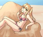  arm_support azuki_azusa beach bikini blonde_hair blue_sky blush day flat_chest front-tie_bikini front-tie_top green_eyes grin hentai_ouji_to_warawanai_neko. long_hair looking_at_viewer monorus navel outdoors reclining sand_sculpture side-tie_bikini sidelocks sky smile solo swimsuit twintails 