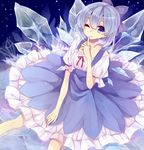  bad_id bad_pixiv_id blue_dress blue_eyes blue_hair bow cirno collarbone dress finger_to_mouth hair_bow ice ice_wings looking_at_viewer miiko_(somnolent) one_eye_closed shirt short_sleeves shushing sitting smile solo touhou wings 
