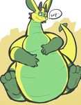  3_toes dragon english_text eric_the_dragon green_body green_scales hindpaw long_ears long_neck obese odendo overweight paws simple_background soles solo speech_balloon text 