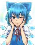  ;) blue_eyes blue_hair blush bow cirno dress hair_bow hands_on_own_face inaba-no-kuni-tottori one_eye_closed ribbon short_hair smile solo touhou upper_body 
