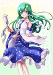  amawa_kazuhiro blush detached_sleeves frog_hair_ornament gohei green_eyes green_hair hair_ornament highres kochiya_sanae long_hair open_mouth smile snake_hair_ornament solo touhou 