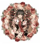  black_hair blood blood_on_face bonnet card celestia_ludenberck closed_eyes danganronpa danganronpa_1 drill_hair flower necktie playing_card rose shina_000 smile twin_drills twintails 