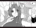  breasts chinese_clothes dragon dragon_girl eastern_dragon hair_over_eyes heterochromia hong_meiling horns kemonomimi_mode large_breasts long_hair monochrome monster_girl muscle muscular_female neko_majin orb pointy_ears scales sleeveless solo_focus touhou wristband 