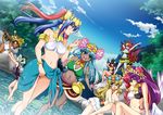  animal_ears anklet aqua_sarong arms_up ascot astaroth_(p&amp;d) barefoot bastet_(p&amp;d) black_hair black_sarong blonde_hair blue_eyes blue_hair blush body_jewelry bracelet breasts cat_ears cat_tail chaos_venus_(p&amp;d) cleavage dark_skin day dutch_angle freyja_(p&amp;d) green_eyes green_hair hair_tubes head_wings headdress hera_(p&amp;d) horns jewelry lakshmi_(p&amp;d) large_breasts long_hair multicolored_hair multiple_girls navel one-piece_swimsuit open_mouth parvati_(p&amp;d) persephone_(p&amp;d) pink_hair pointy_ears print_sarong purple_hair puzzle_&amp;_dragons red_hair sarong short_hair smile swimsuit tail twintails uran_(uran-factory) venus_(p&amp;d) wading water white_swimsuit wings 