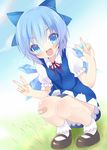  bandaid bandaid_on_knee blue_dress blue_eyes blue_hair blush bow cirno double_v dress fang hair_bow ice ice_wings kokorominton looking_at_viewer mary_janes open_mouth puffy_sleeves shirt shoes short_sleeves smile solo squatting touhou v wings 