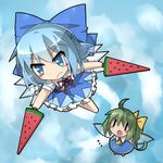  advent_cirno blue_dress blue_eyes blue_hair blue_sky blush cirno cloud daiyousei dress dual_wielding fairy_wings flying food fruit green_hair hair_ribbon holding ice ice_wings ka_zhi multiple_girls open_mouth ribbon side_ponytail sky sword touhou watermelon weapon wings |_| 