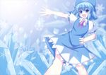  blue_eyes blue_hair blush cirno fang hand_on_hip ice ice_wings masiromu outstretched_arm snowflakes solo touhou wings 