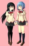  akemi_homura black_hair blue_hair closed_eyes hair_ornament hairband hairclip highres holding_hands jewelry long_hair mahou_shoujo_madoka_magica miki_sayaka multiple_girls pantyhose pinky_swear pokopokoko ring school_uniform short_hair smile 