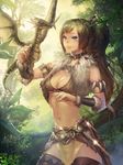  armlet bikini_top blue_eyes breasts cleavage collar dragon front-tie_top fur grin instant_ip large_breasts loincloth navel ponytail smile solo sparkle sword thighhighs vambraces weapon 
