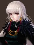  1girl artist_request breasts dungeon_and_fighter earrings female_slayer_(dungeon_and_fighter) fingerless_gloves fur fur_trim gloves jewelry long_hair looking_at_viewer profile red_eyes simple_background slayer_(dungeon_and_fighter) solo white_hair 