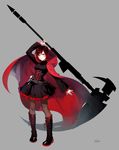  1girl bandolier belt blush boots brown_hair bullet cape corset cross cross-laced_footwear crucifix dress ein_lee einlee frilled_skirt frills grey_eyes gun hood huge_weapon lace-up_boots looking_at_viewer official_art pantyhose red_cape red_hair red_hood_(clothing) ruby_rose rwby scythe short_hair simple_background skirt solo weapon weapon_over_shoulder 
