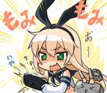  &gt;_&lt; anchor blonde_hair blush chibi closed_eyes commentary_request elbow_gloves gloves green_eyes hair_ornament hairband handheld_game_console kantai_collection long_hair okitakung playing_games playstation_vita rensouhou-chan shimakaze_(kantai_collection) solo translated white_gloves 