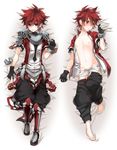  1boy boots elsword elsword_(character) gloves highres limble looking_at_viewer lying male male_focus open_clothes pixiv_manga_sample red_eyes red_hair resized solo underwear 