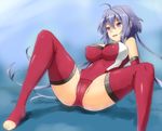  ahoge barefoot bodysuit breasts cameltoe drawfag large_breasts legs leotard long_hair long_legs lying no_headgear nom_(nomhun) non-web_source purple_eyes purple_hair red_legwear red_leotard senki_zesshou_symphogear solo spread_legs thighhighs thighs toeless_legwear toes yukine_chris 