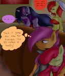  anthro anthrofied apple_bloom_(mlp) couple english_text equine eyes_closed female friendship_is_magic fur group hair hi_res horse mammal my_little_pony orange_fur original_character piercing pony purple_hair renee-moonveil scootaloo_(mlp) text twilight_sparkle_(mlp) two_tone_hair violet_hair yellow_fur 