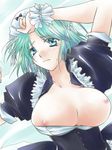  1girl alice_soft blue_eyes blush breasts breasts_outside frills green_hair kikkawa_kiku kyouya maid mole nipples rance_(series) sengoku_rance solo 