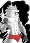  abs anthro bandage biceps boxer_briefs bulge canine fangs flexing fur glove grey_fur male mammal muscles nipples open_mouth pecs pose simon11028 solo standing teeth toned tongue topless underwear wolf yellow_eyes 