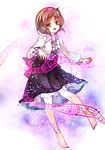  anklet bare_legs brown_eyes brown_hair cis_(carcharias) dress_shirt hairband jewelry looking_at_viewer musical_note open_mouth shirt short_hair skirt smile solo touhou tsukumo_yatsuhashi 