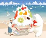  animal bad_id bad_pixiv_id beach bear bird brown_hair cherry cloud day flock food fruit hat kiwifruit namito ocean orange original oversized_object polar_bear school_uniform seagull shadow shaved_ice sitting spoon standing strawberry watermelon 