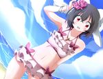  animal_ears armpits bangle beach bikini black_hair blue_sky blush bracelet bunny_ears bwell carrot carrot_necklace cloud day dutch_angle fisheye frilled_bikini frills hair_ornament inaba_tewi jewelry looking_at_viewer navel necklace open_mouth outdoors pendant red_eyes seaside short_hair sky solo swimsuit touhou wet 