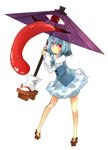  bare_legs blue_eyes blue_hair full_body geta heterochromia highres karakasa_obake purple_umbrella red_eyes short_hair simple_background skirt smile solo tatara_kogasa tongue touhou umbrella yuuani 