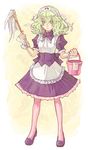  1girl alice_soft artist_request bow bucket feather_duster female frills green_hair grey_eyes maid mouri_teru pantyhose rance_(series) rance_quest sengoku_rance solo tights wata_guarana 