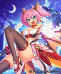  bare_shoulders bat_wings black_legwear blue_eyes bow breasts bustier castle choker clenched_hand crescent_moon demon_girl demon_tail dutch_angle earrings elbow_gloves fang faulds gloves heart high_heels horns jewelry leg_up lilim_(shingeki_no_bahamut) mel/a moon night night_sky pink_hair pointy_ears shingeki_no_bahamut short_twintails sky small_breasts smile solo succubus tail tail_bow thighhighs tsurime twintails white_gloves wings 